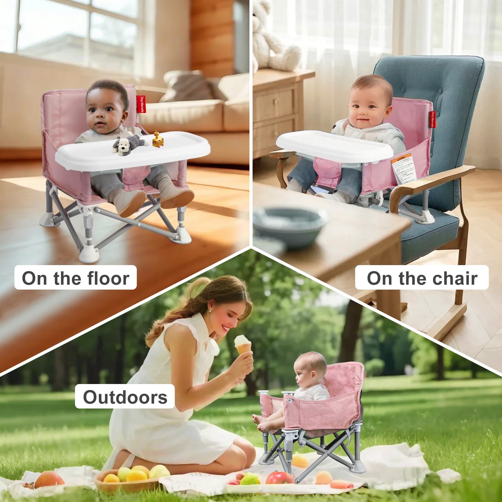 Tiny Marvels portable 3-in-1 baby chair sturdy frame supports growing toddlers.