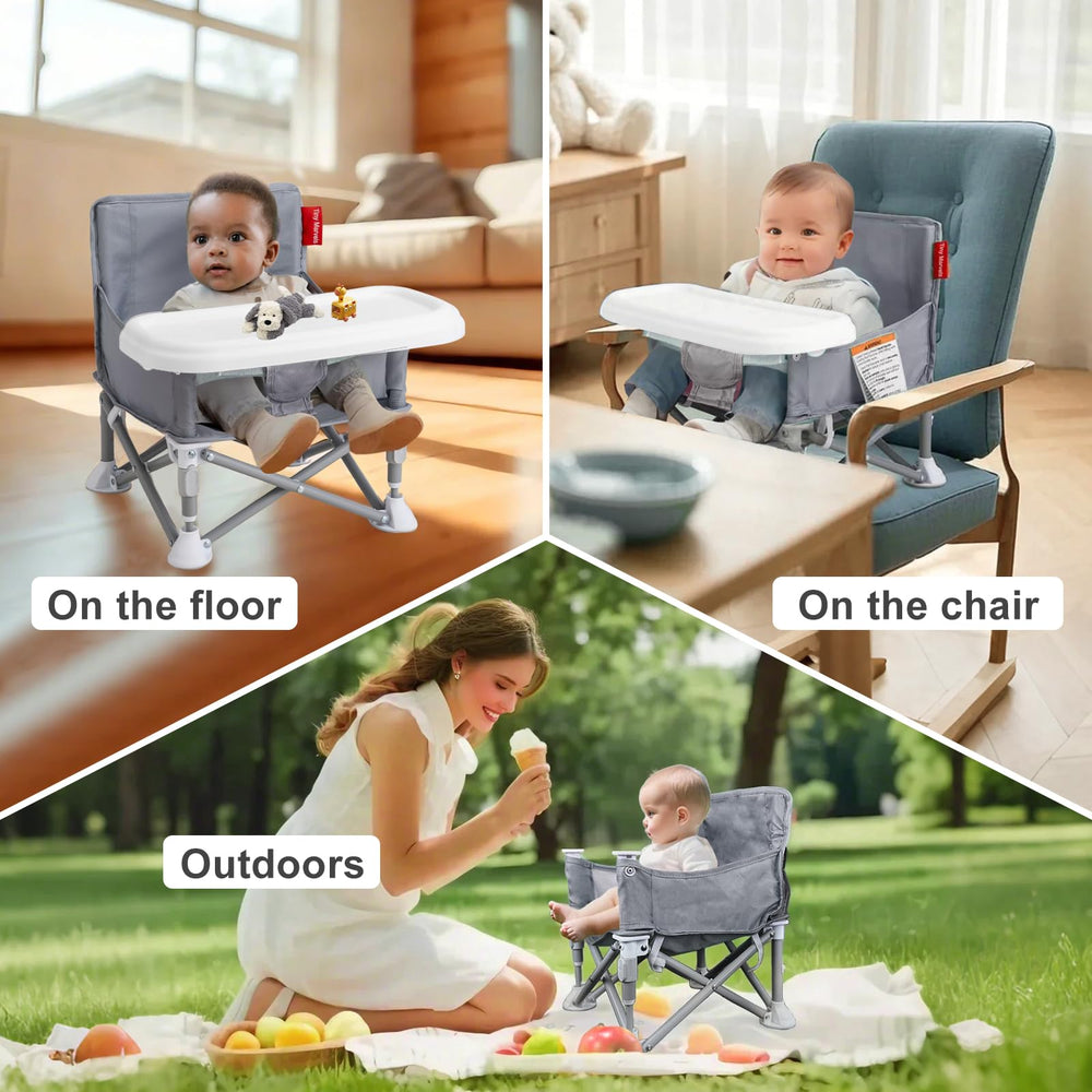 Tiny Marvels portable highchair with travel bag highlighting lightweight, compact design.