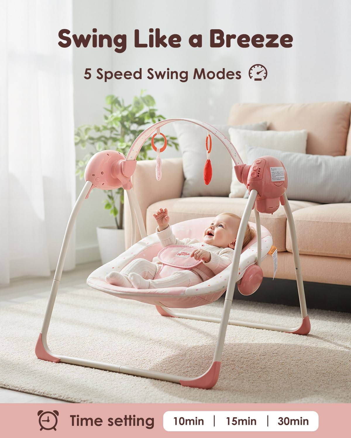 Tiny Marvels portable swing operates quietly at up to 40dB for peaceful moments