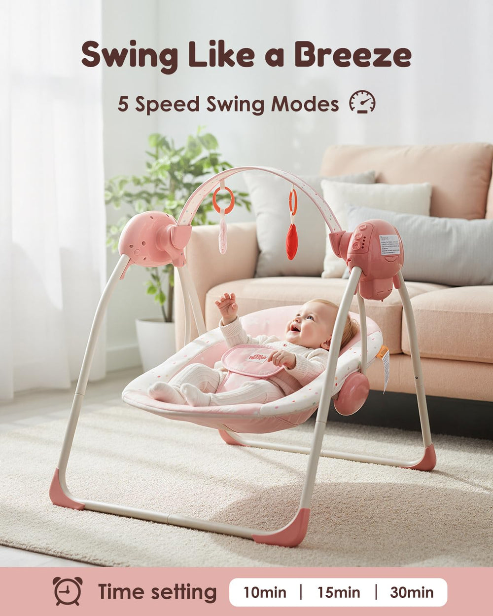 Tiny Marvels portable swing operates quietly at up to 40dB for peaceful moments
