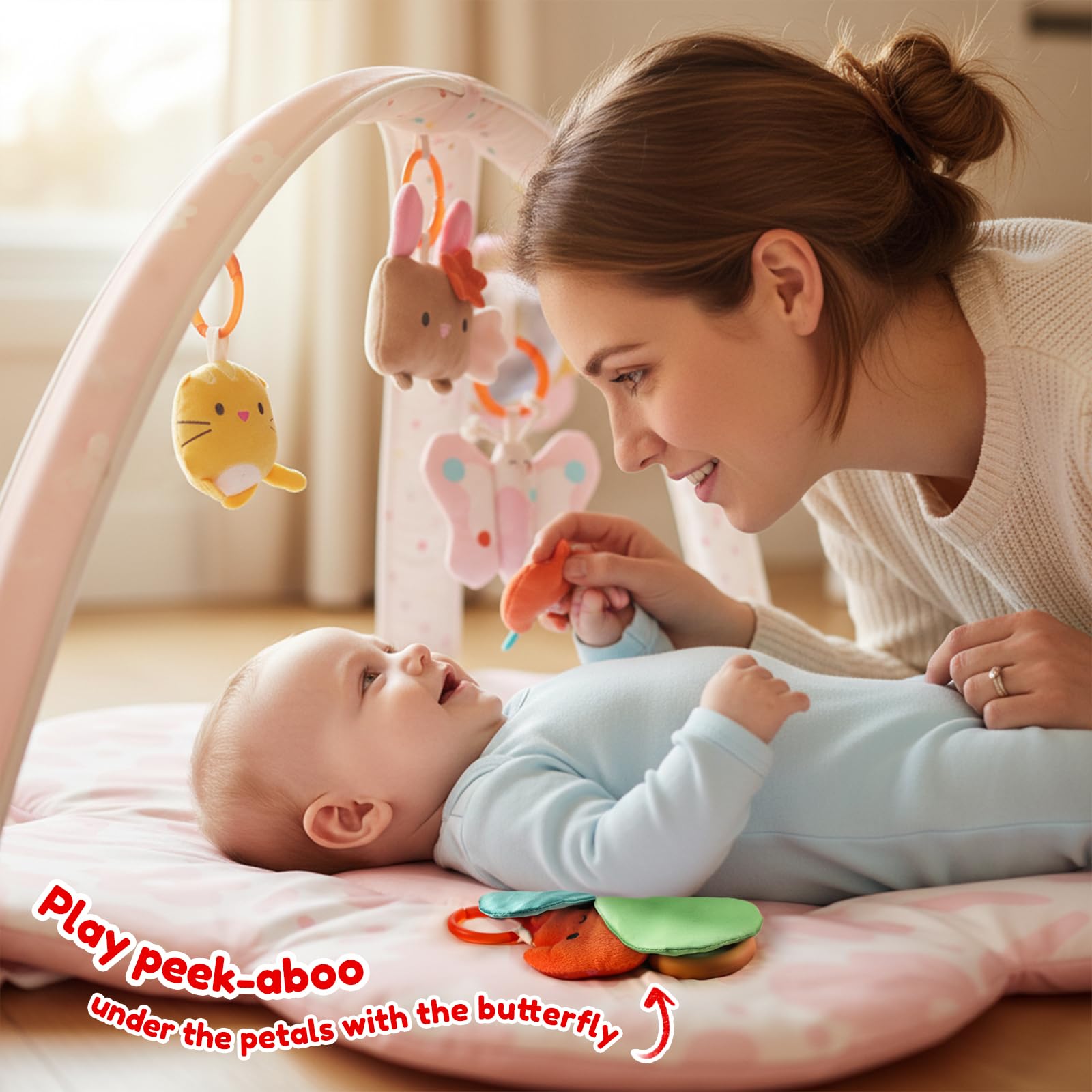 Tiny Marvels wood teether leaf offering safe teething texture on the mat