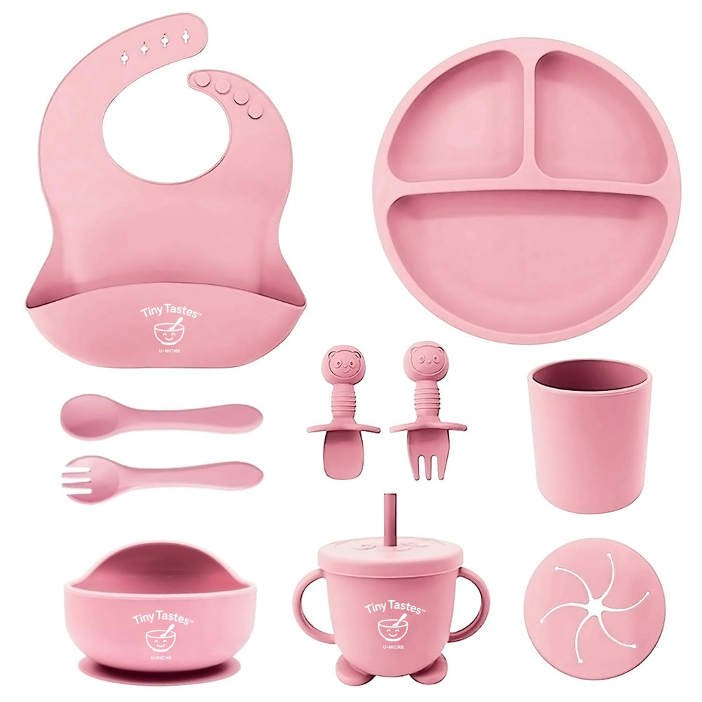 Tiny Tastes 10-piece feeding set with suction plate keeps mealtime tidy and mess-minimized.