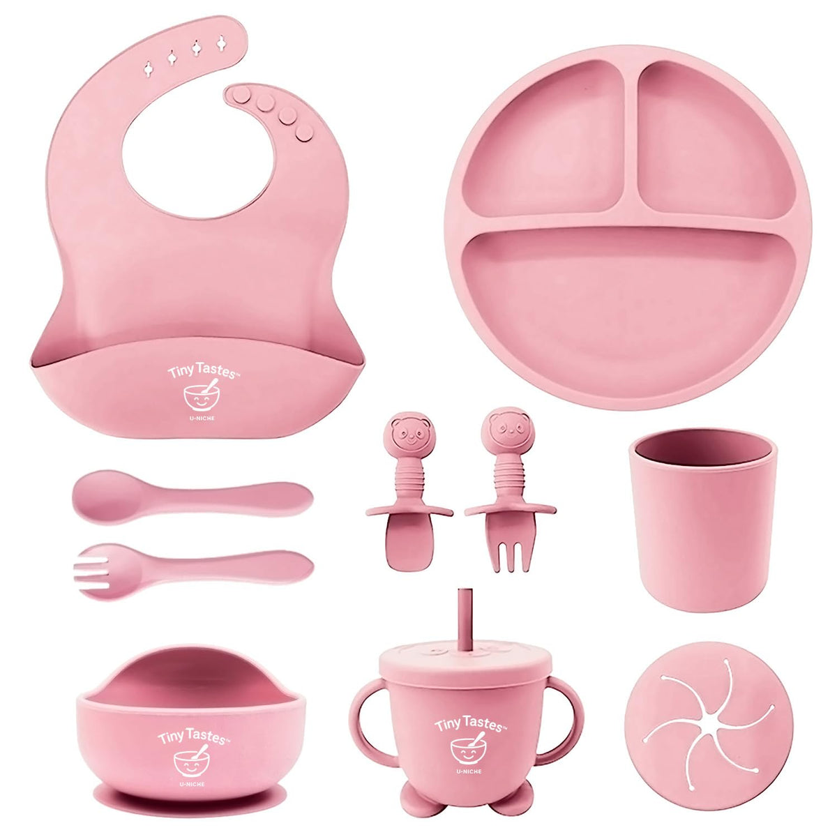 Tiny Tastes 10-piece feeding set with suction plate keeps mealtime tidy and mess-minimized.