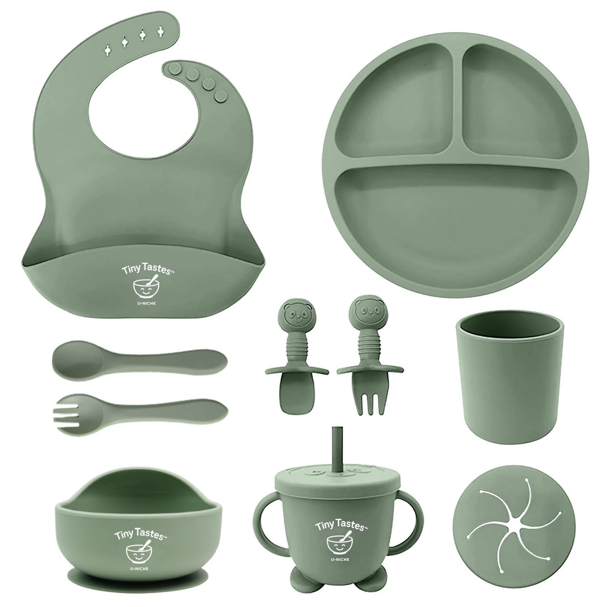 Tiny Tastes suction plate shown with a secure base for spill reduction during family meals.