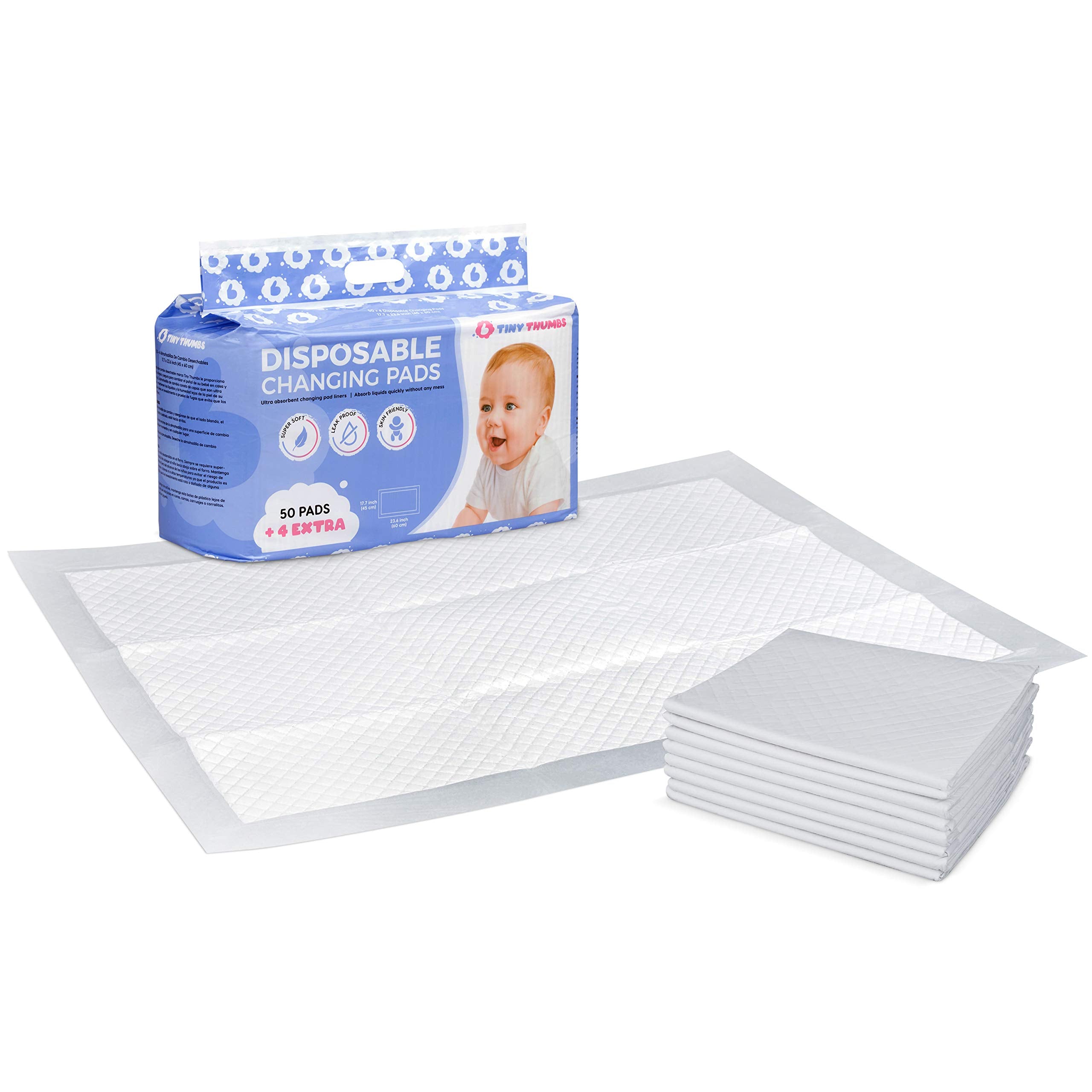 Tiny Thumbs disposable changing pad 54-pack, soft and skin-friendly for on-the-go diaper changes.