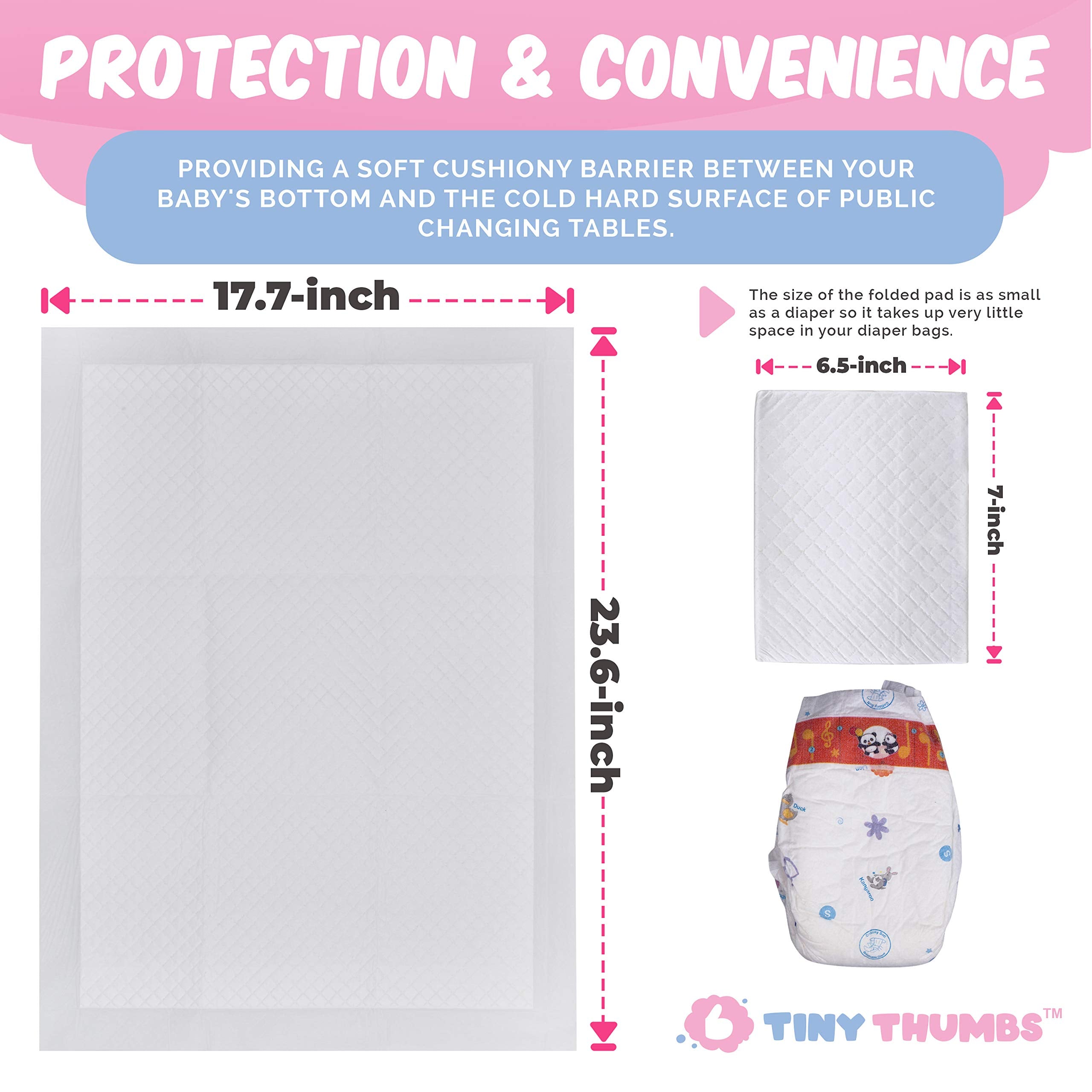 Tiny Thumbs waterproof changing pad with leak-proof film keeps surfaces clean.