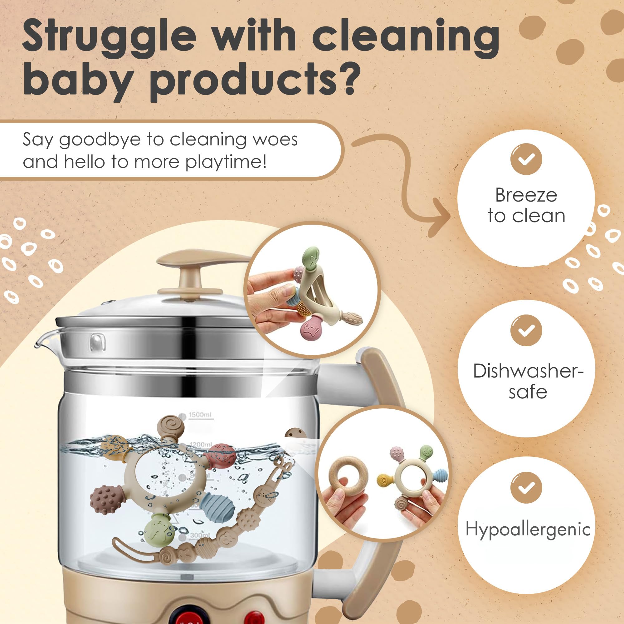 Tiny Toes teether durable materials withstand endless chewing while staying comfy in tiny hands.