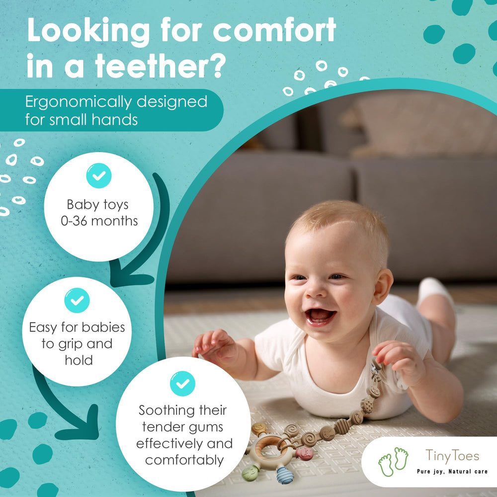 Tiny Toes teether ergonomic grip supports little fingers for easier holding and gum relief.