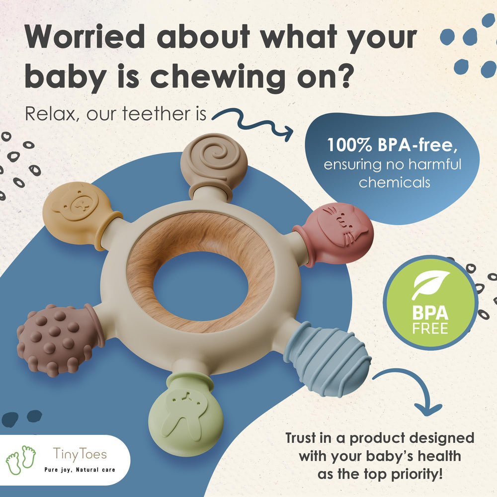 Tiny Toes teether with secure design prevents detaching parts for peace of mind.