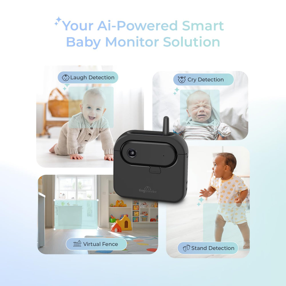 Tiny Traveler AI detection icons indicate cry, laugh, and movement alerts