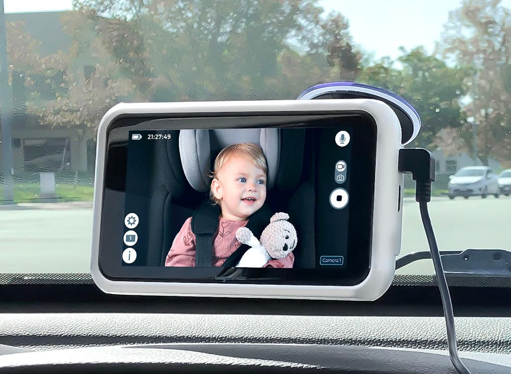 Tiny Traveler backseat mount setup shows secure, hands-free monitoring during car rides