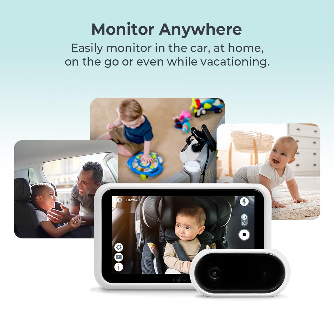 Tiny Traveler rear-facing monitor mounted for continuous hands-free baby view