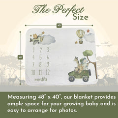 Tiny Treasures milestone blanket safari design adds playful backdrop to monthly portraits.