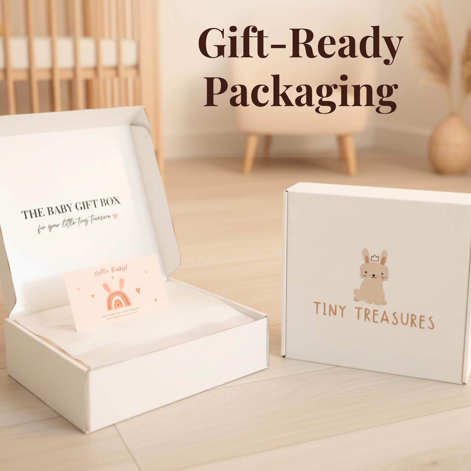 Tiny Treasures newborn gift basket personalized card adds a heartfelt, memorable touch.
