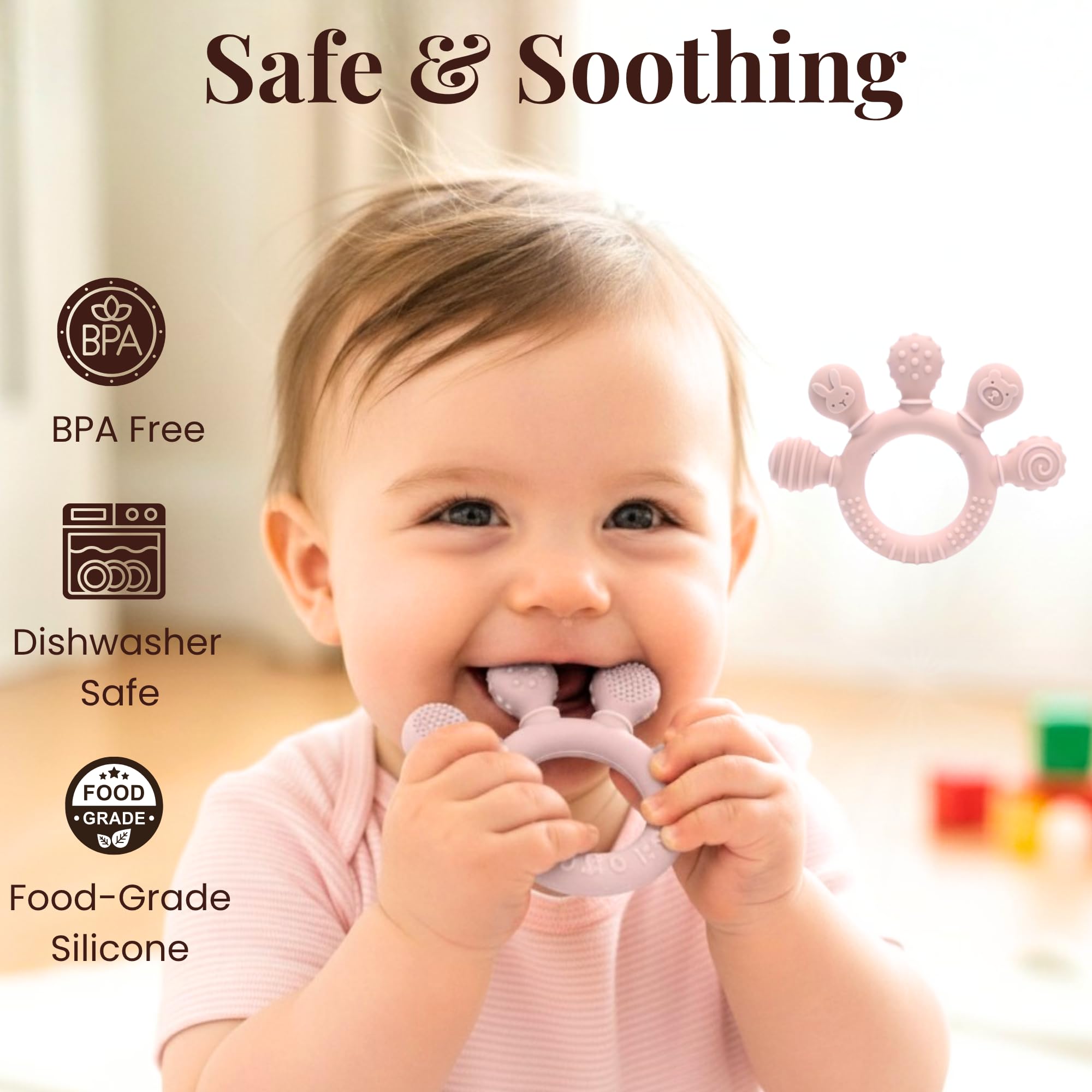 Tiny Treasures newborn gift basket teether in food-grade silicone for soothing gums.
