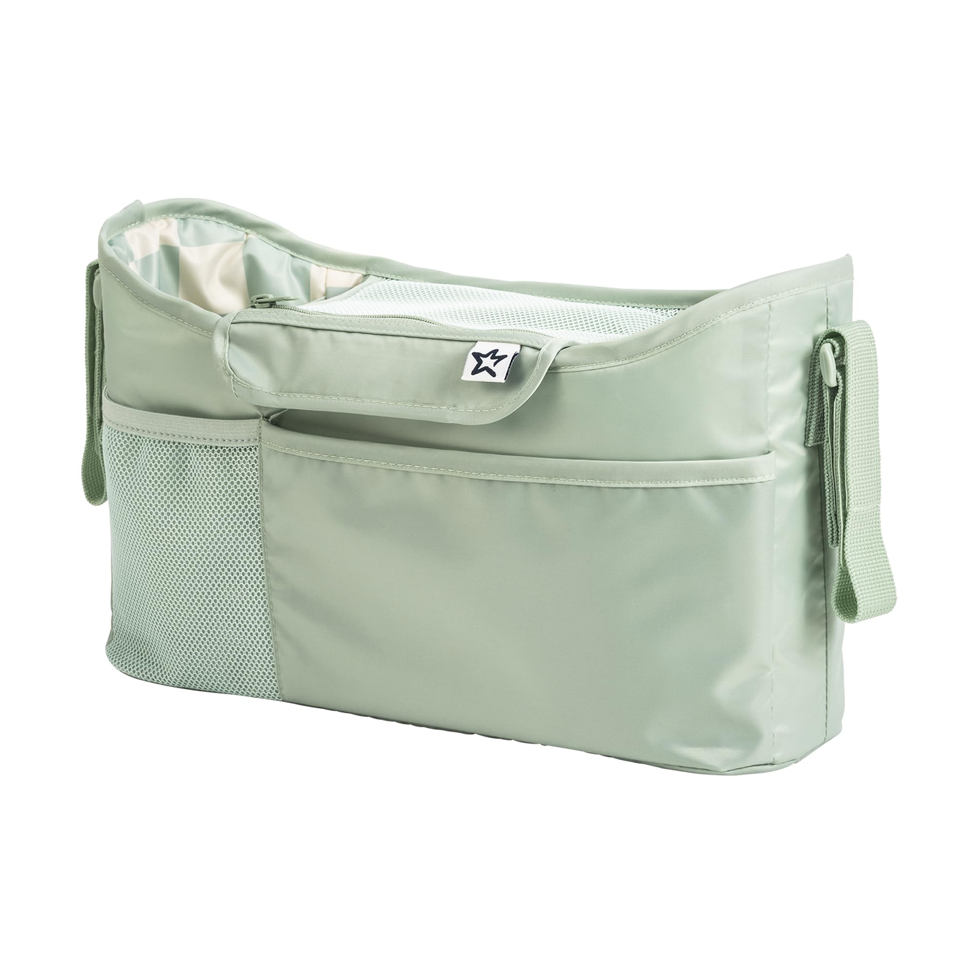Adjustable strap attachment secures the caddy to the stroller for a stable ride.
