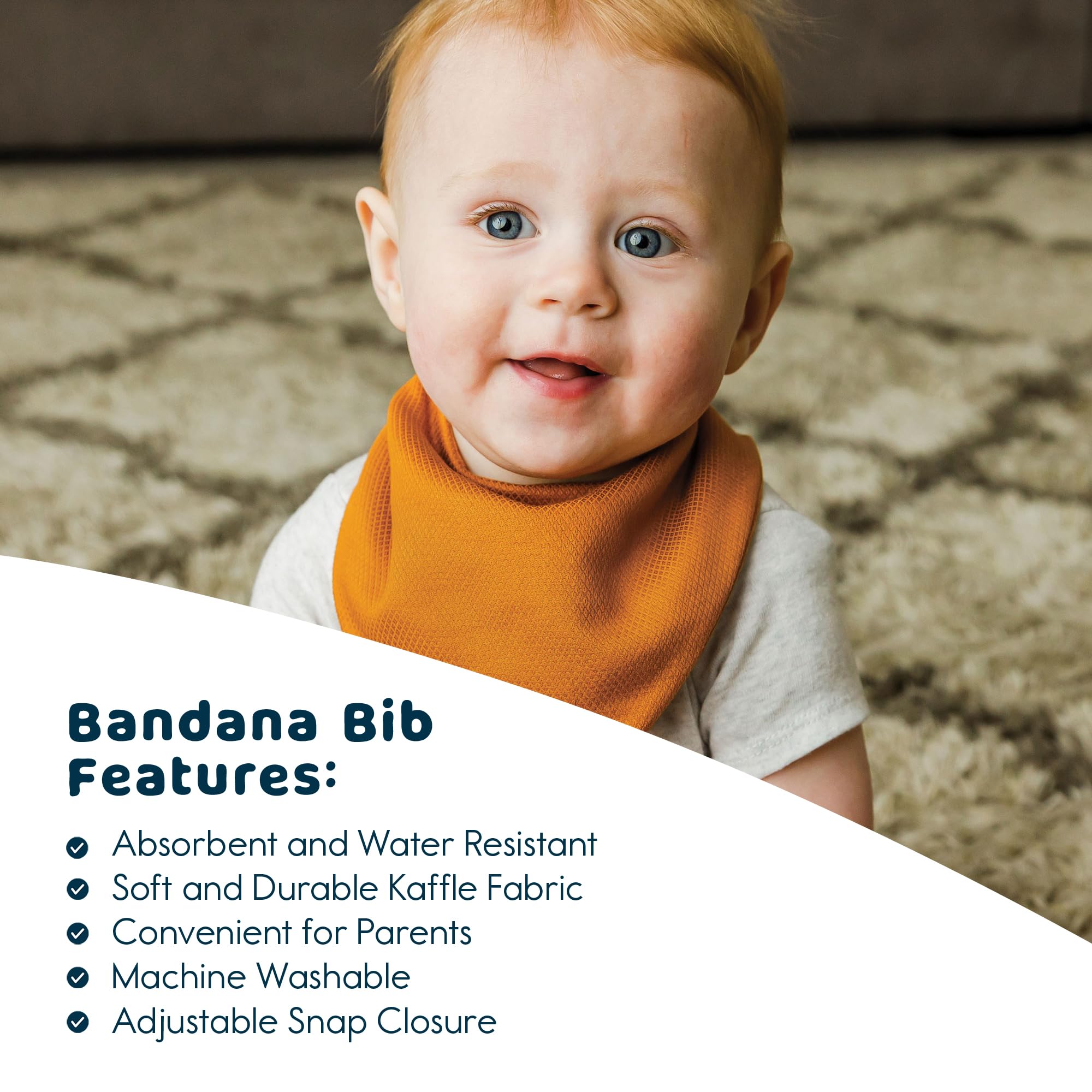 Tiny Twinkle bandana bib on baby demonstrates stylish drool protection in a neutral set.