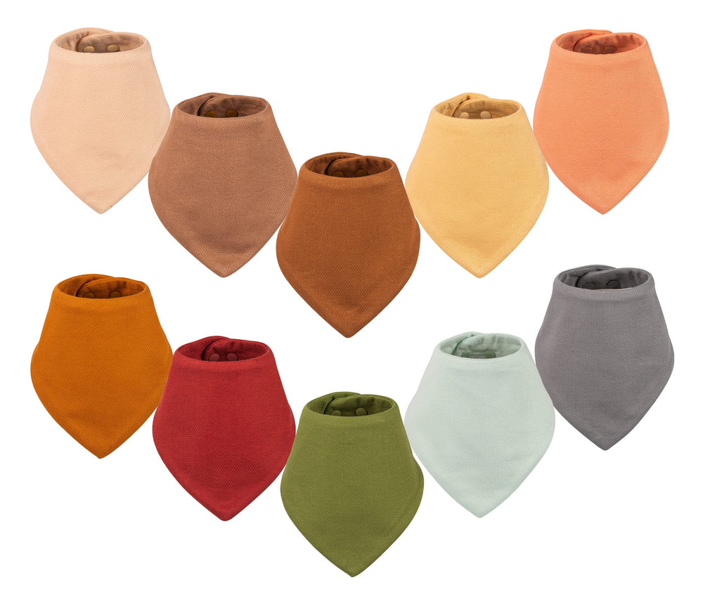Tiny Twinkle bandana bib packshot shows a 10-pack neutral set for everyday messes.