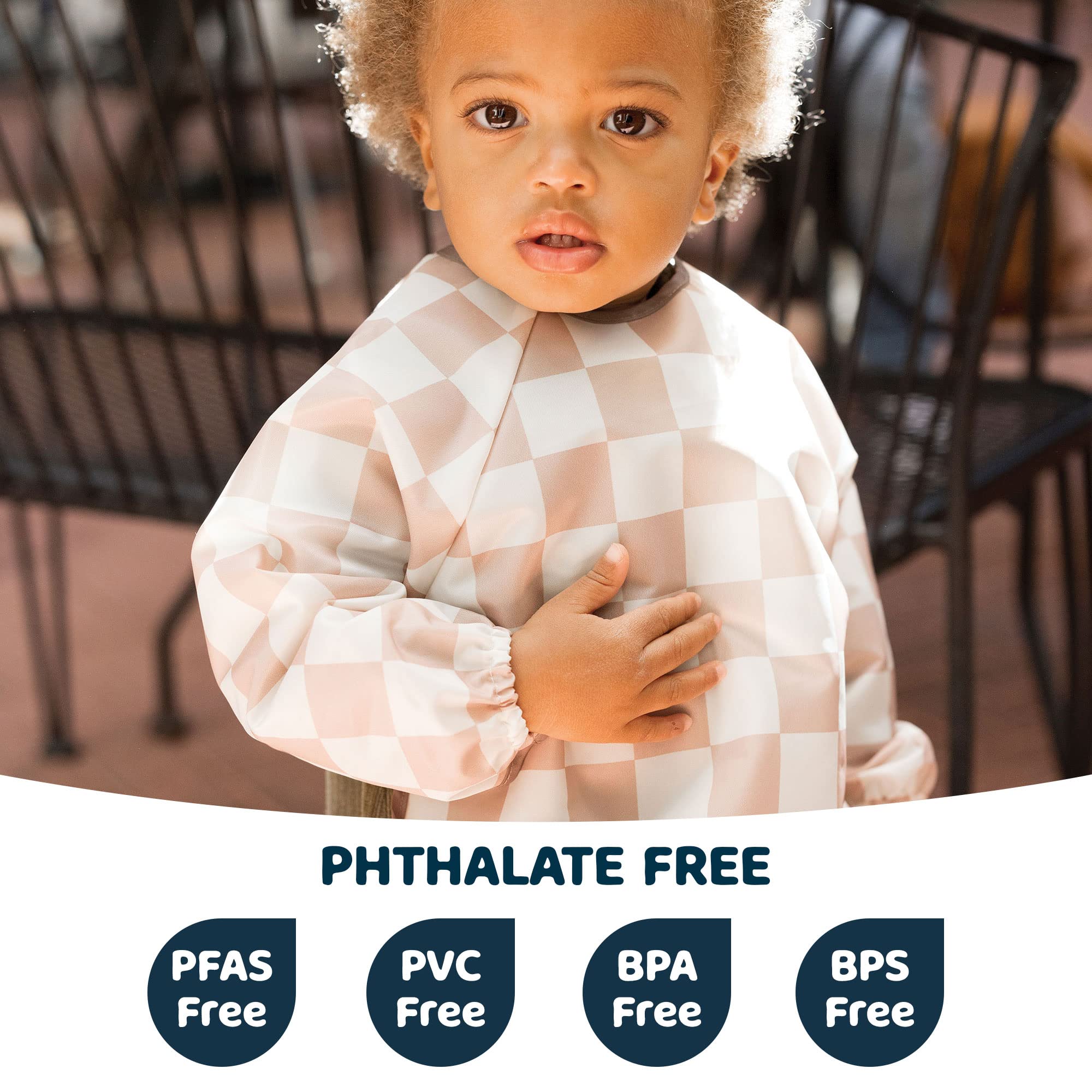 Tiny Twinkle checkers brown bib featuring full-body coverage for messy meals.