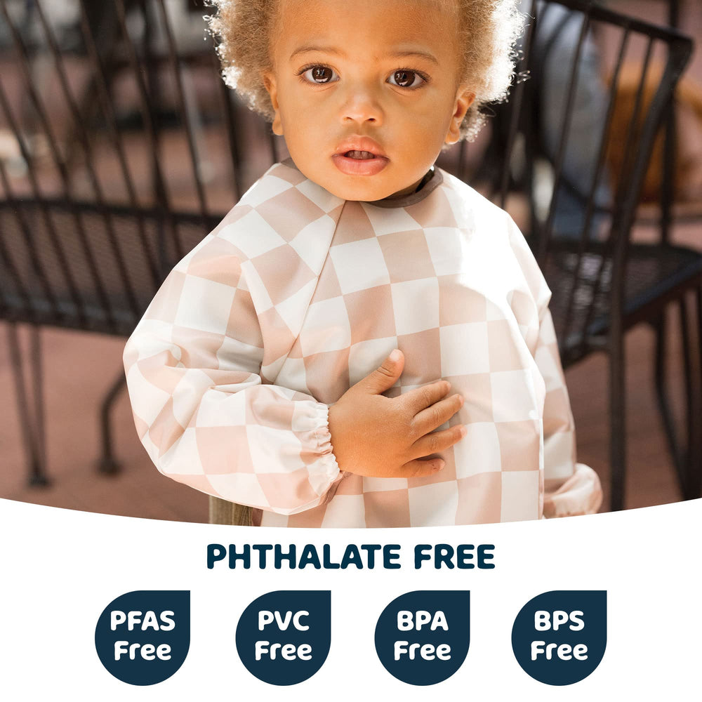 Tiny Twinkle checkers brown bib featuring full-body coverage for messy meals.