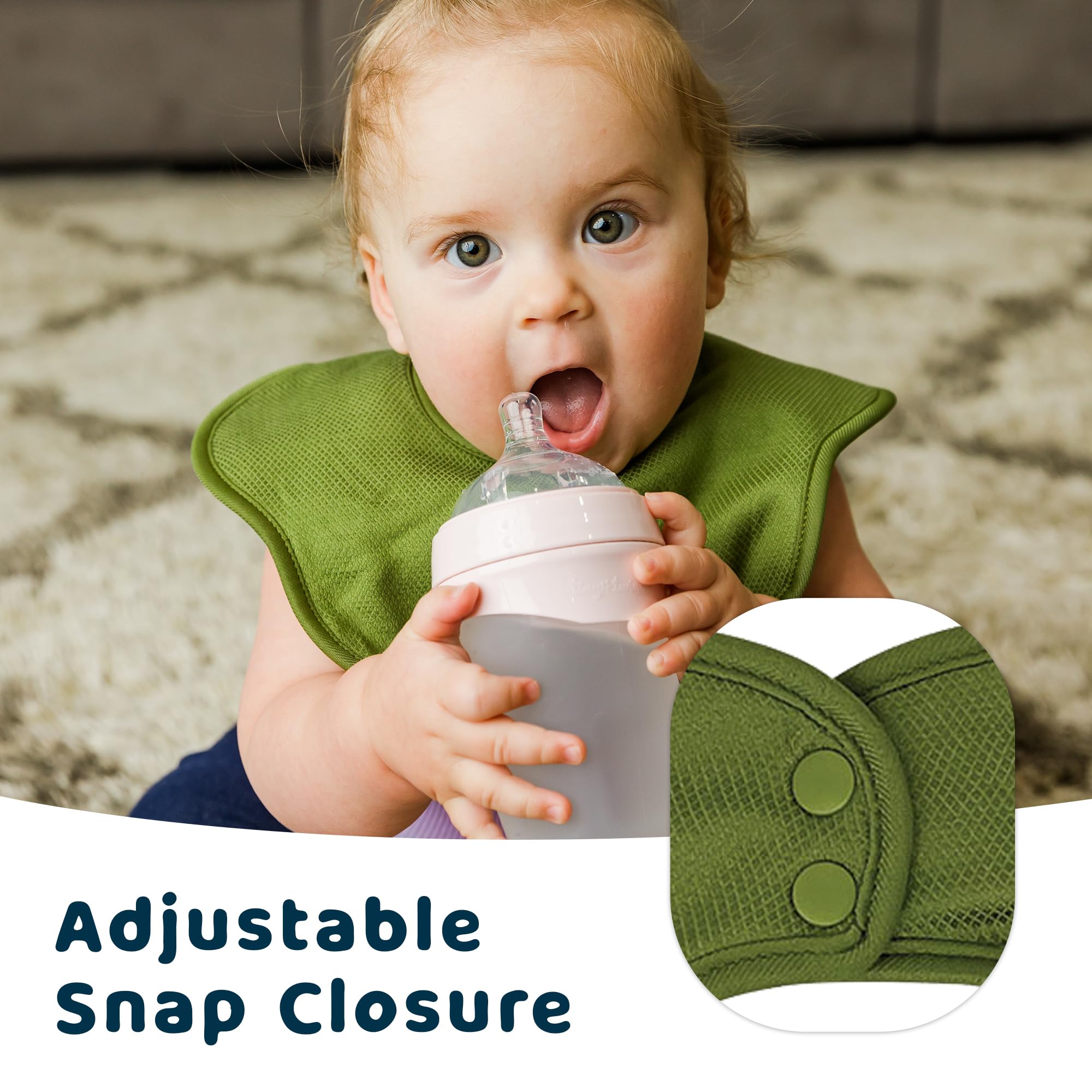 Tiny Twinkle bib snap closure close-up enables quick, secure changes.