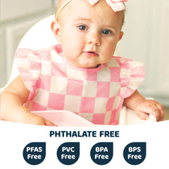 Tiny Twinkle waterproof bib pocket closeup shows deep catch-all for spills.