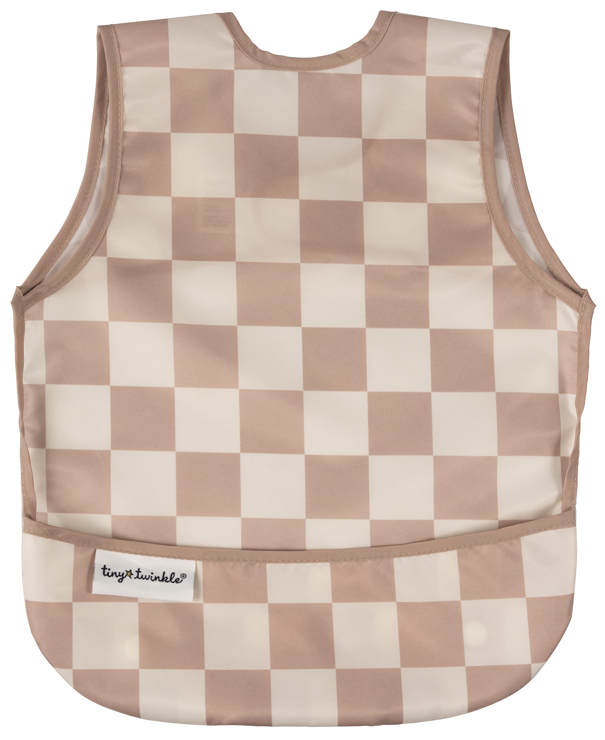 Tiny Twinkle mess-proof bib brown checkers closeup showing quick-clean surface for busy mealtimes.