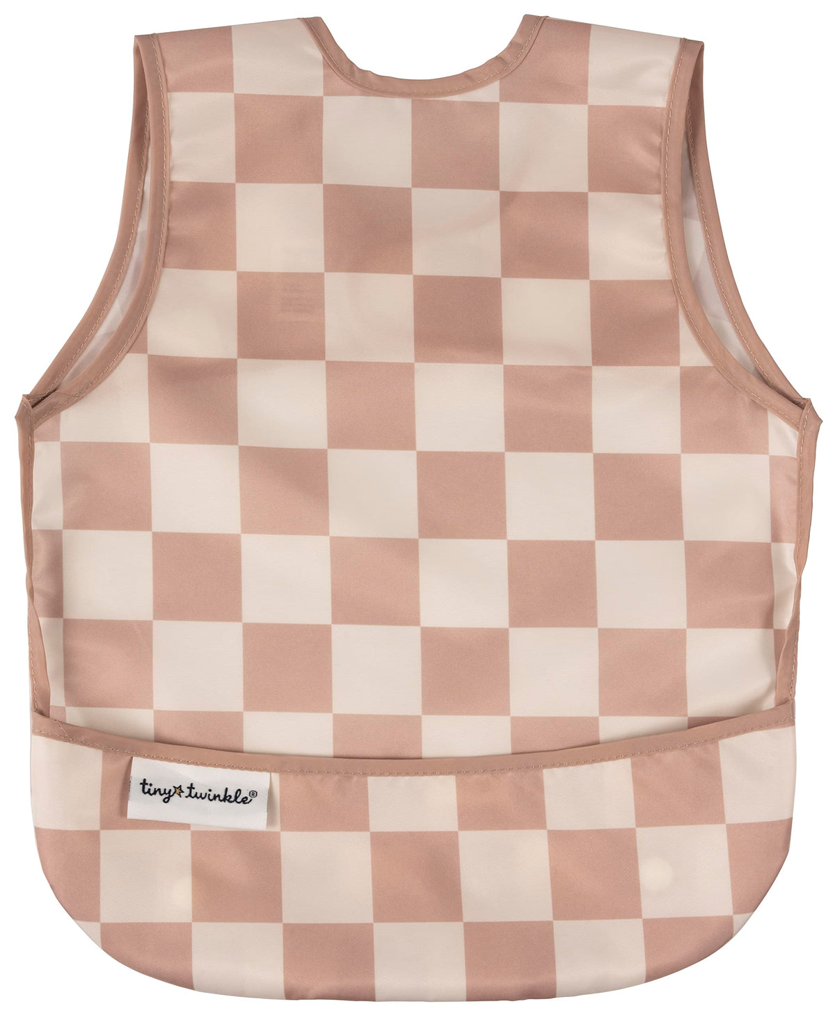 Tiny Twinkle mess-proof bib brown checkers closeup showing quick-clean surface for busy mealtimes.