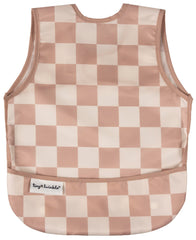 Tiny Twinkle mess-proof bib brown checkers closeup showing quick-clean surface for busy mealtimes.