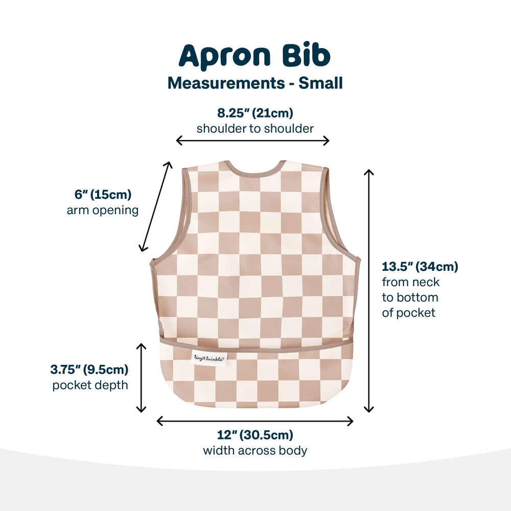 Tiny Twinkle brown-checkers bib features lightweight fabric that stays flexible during dining.