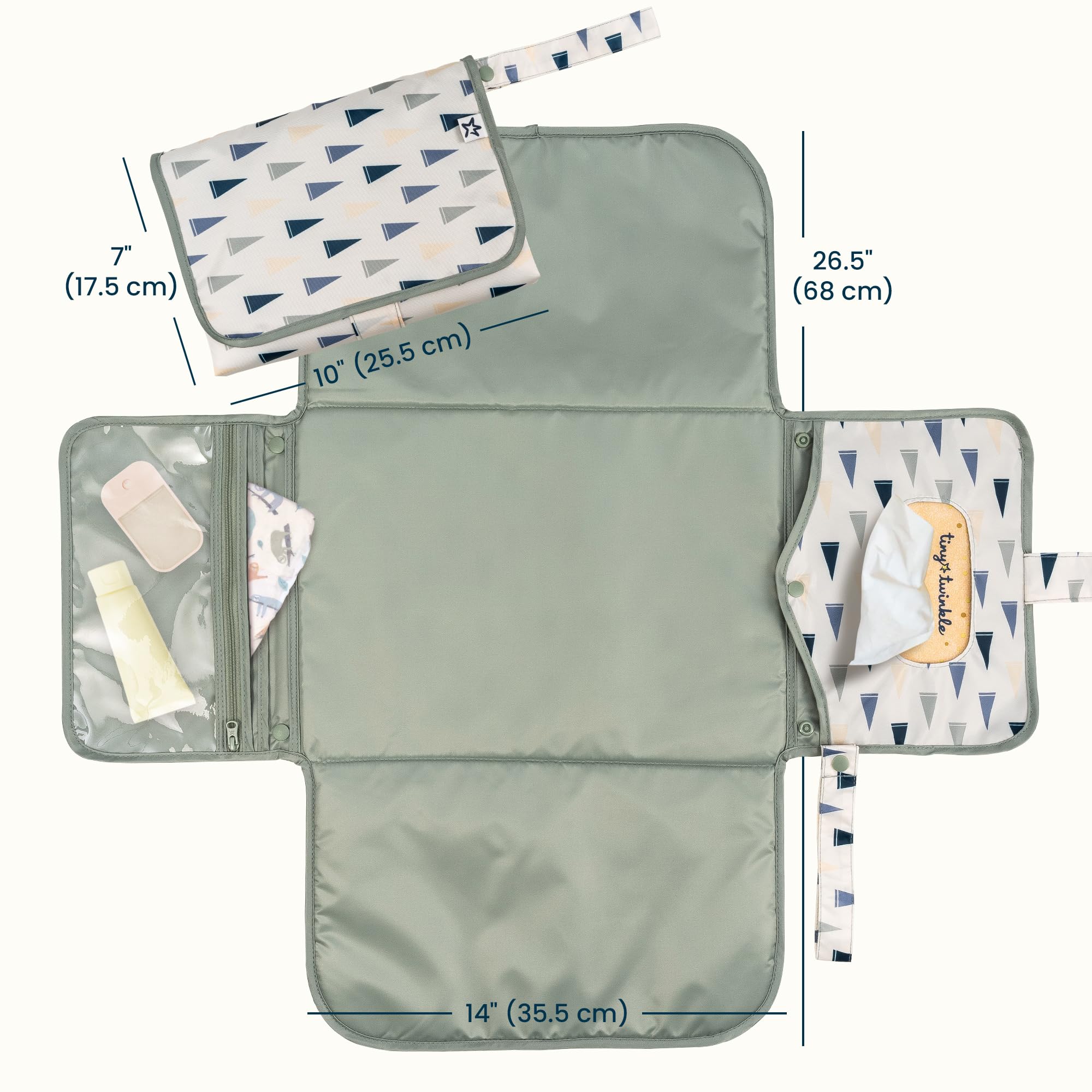 Tiny Twinkle changing pad with wipes pocket enables fast one-handed diaper changes.