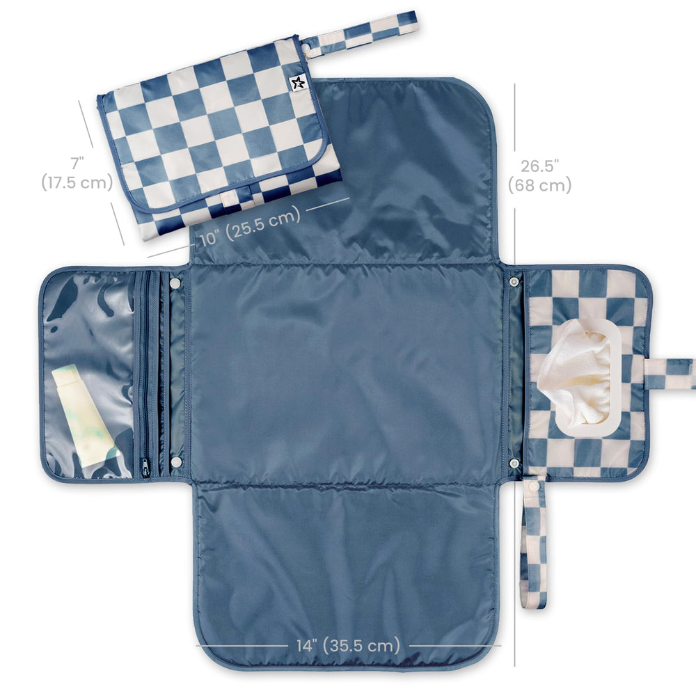 Tiny Twinkle changing pad with wipes pocket enables quick one-handed wipe access during diaper changes.