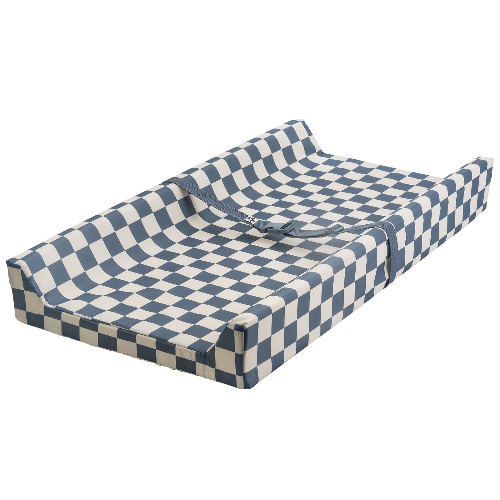 Tiny Twinkle diaper changing pad blue checkers top view for easy diaper changes.