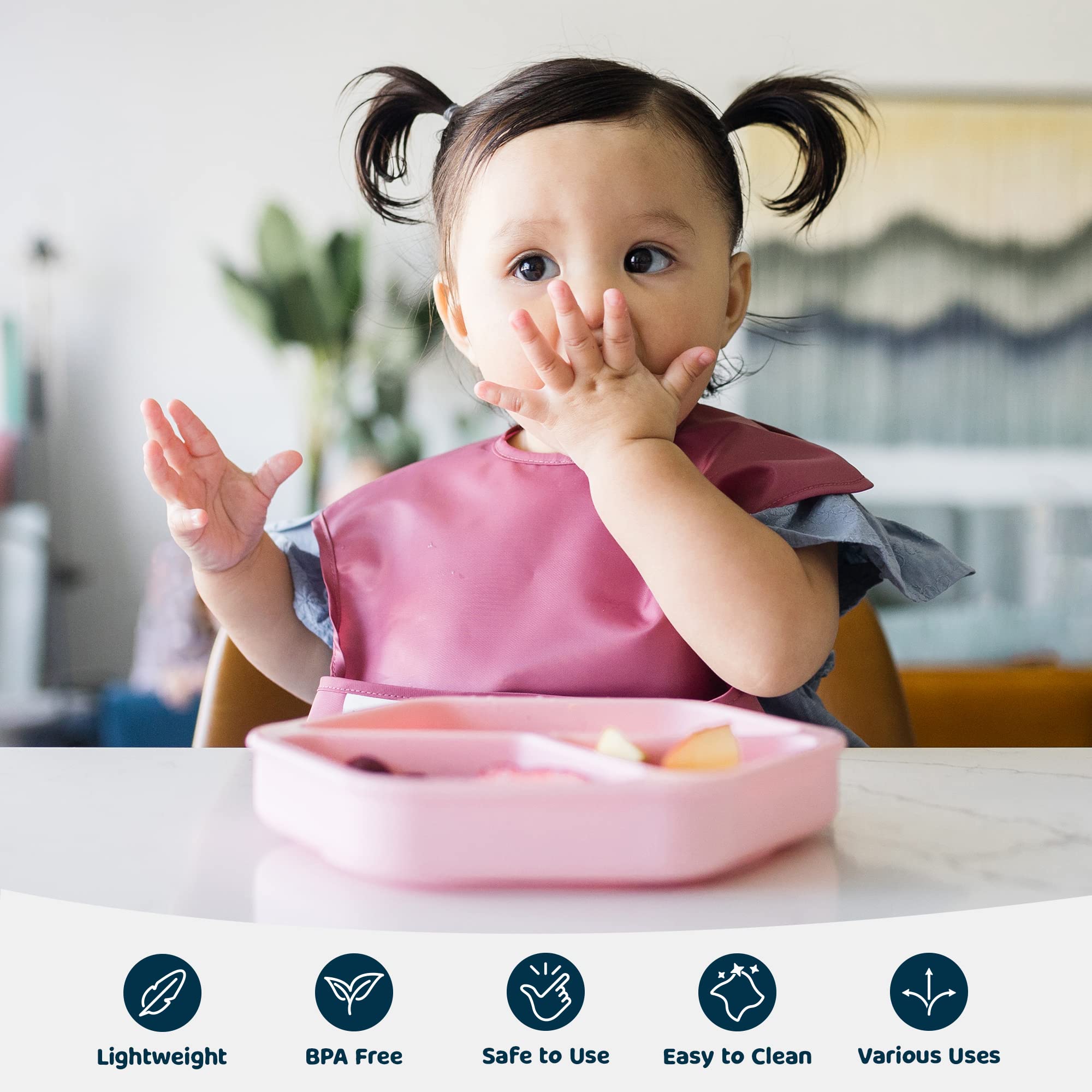 Tiny Twinkle divided plate stays intact, helping toddlers explore foods confidently.