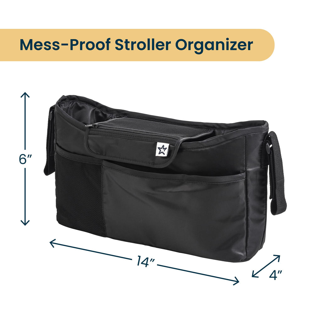 Tiny Twinkle universal-fit stroller organizer front pocket shows phone for quick access.