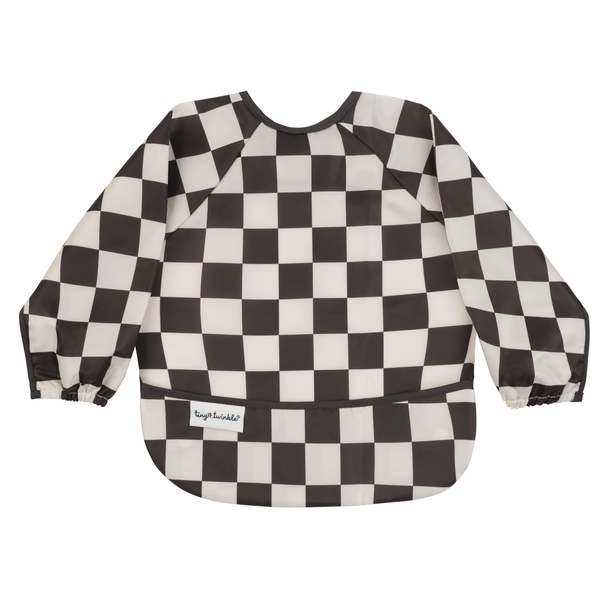 Tiny Twinkle long sleeve bib Checkers Black front view shows full-coverage protection during meals