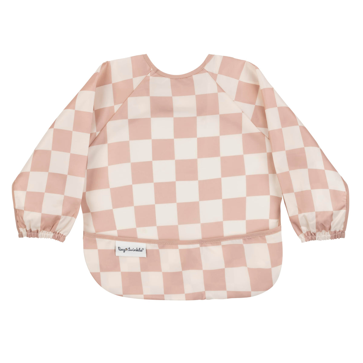 Tiny Twinkle long-sleeve bib on baby with checkers brown for mess-free meals.