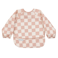 Tiny Twinkle long-sleeve bib on baby with checkers brown for mess-free meals.
