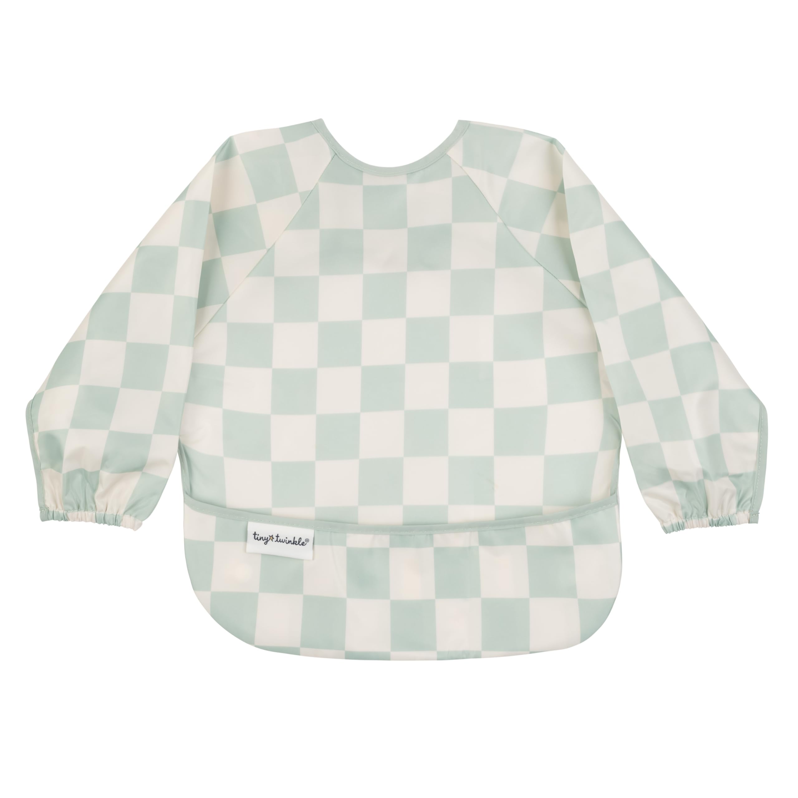 Tiny Twinkle long sleeve bib Checkers Sage front view shows full-coverage protection during meals