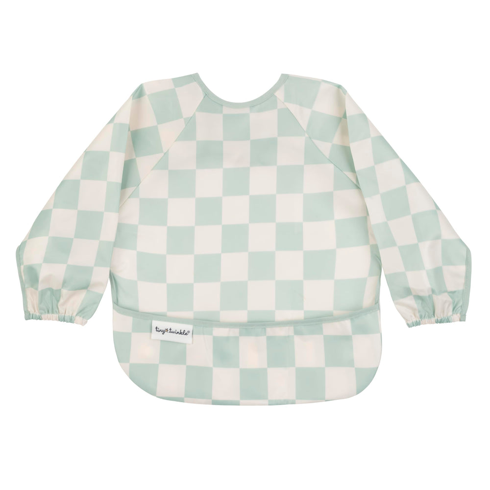 Tiny Twinkle long sleeve bib Checkers Sage front view shows full-coverage protection during meals