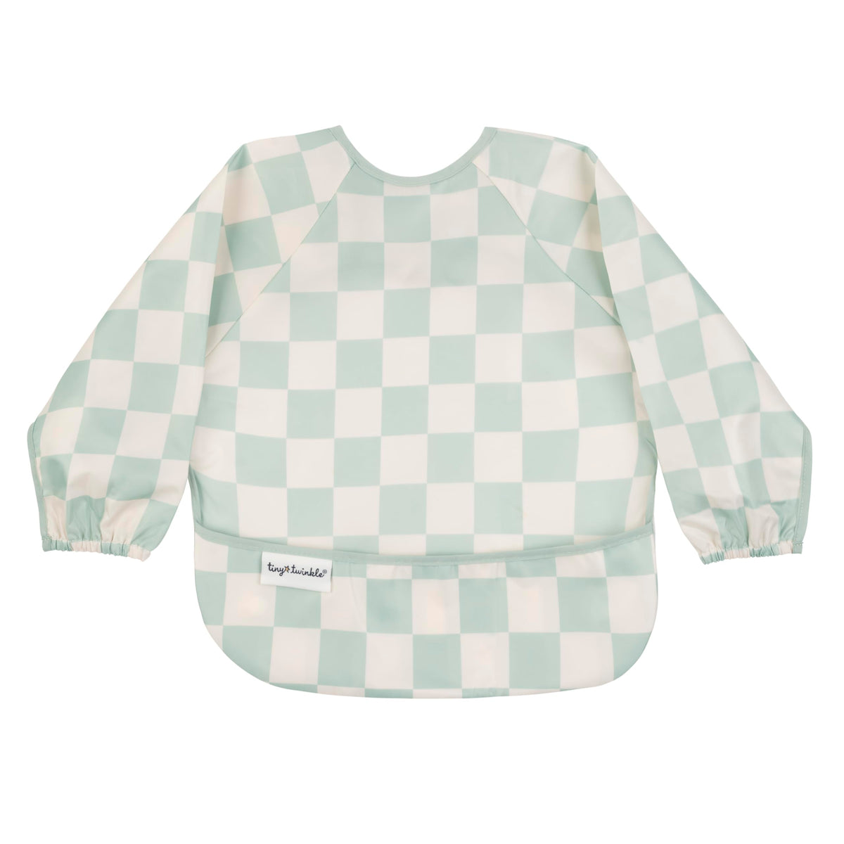 Tiny Twinkle long sleeve bib Checkers Sage front view shows full-coverage protection during meals