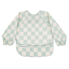 Tiny Twinkle long sleeve bib Checkers Sage front view shows full-coverage protection during meals