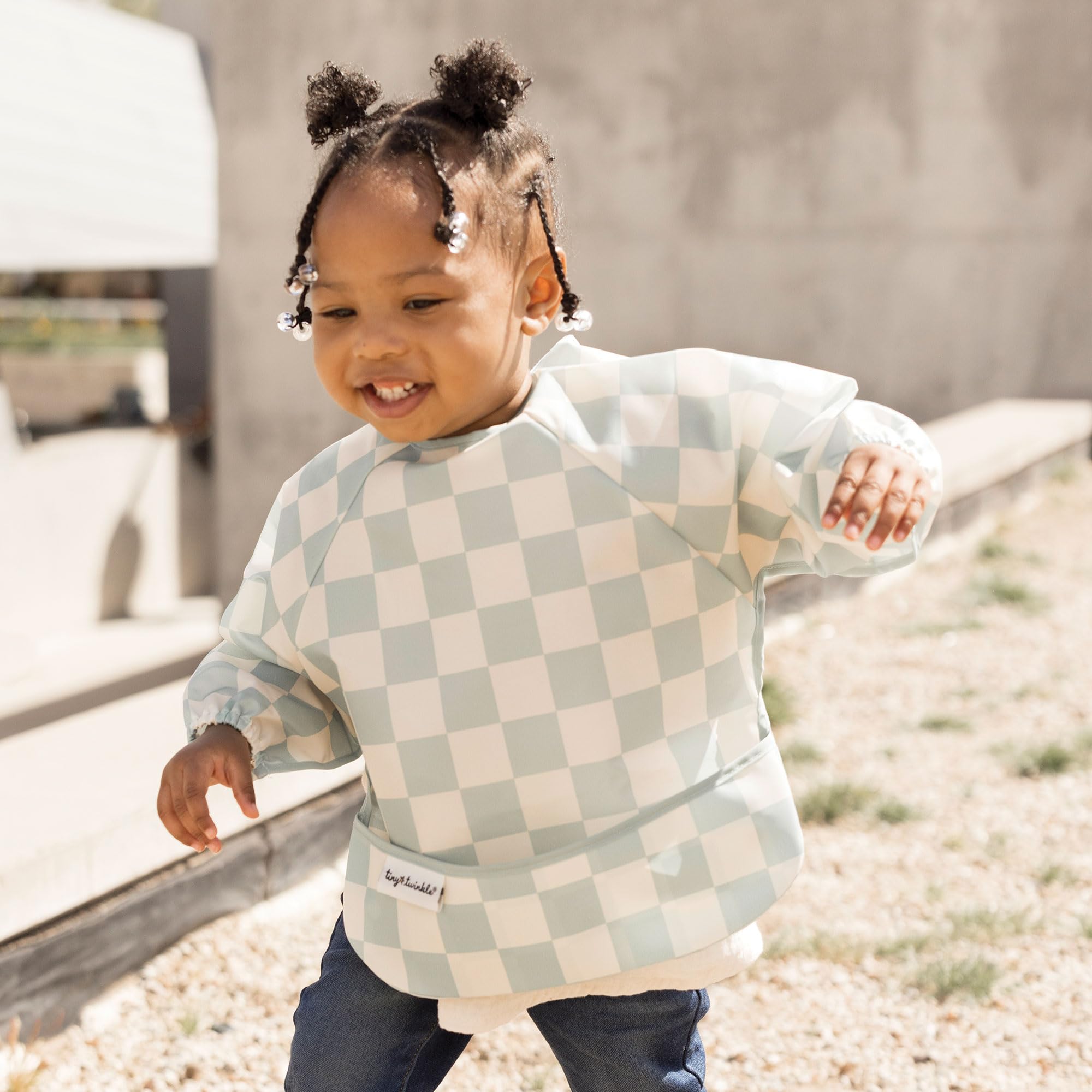 Tiny Twinkle long sleeve bib Checkers Sage wipe-clean design for quick cleanup