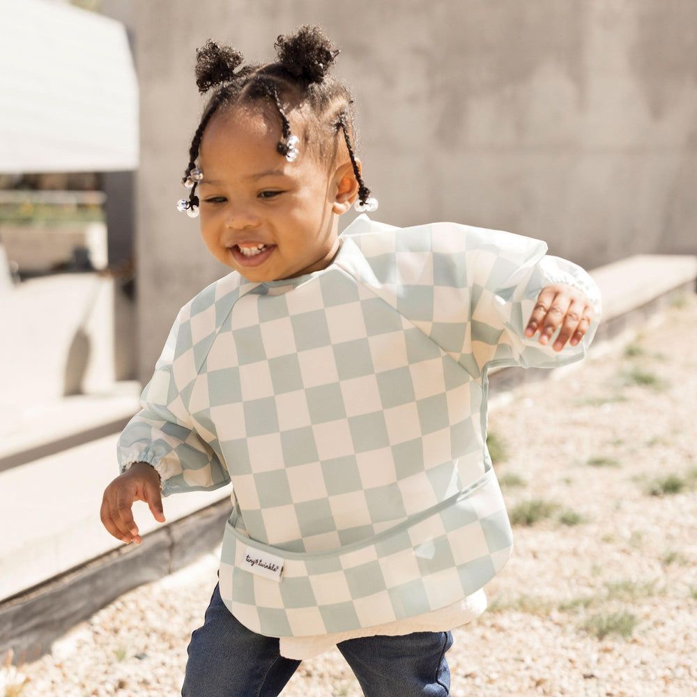 Tiny Twinkle long sleeve bib Checkers Sage wipe-clean design for quick cleanup