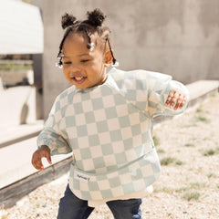Tiny Twinkle long sleeve bib Checkers Sage wipe-clean design for quick cleanup