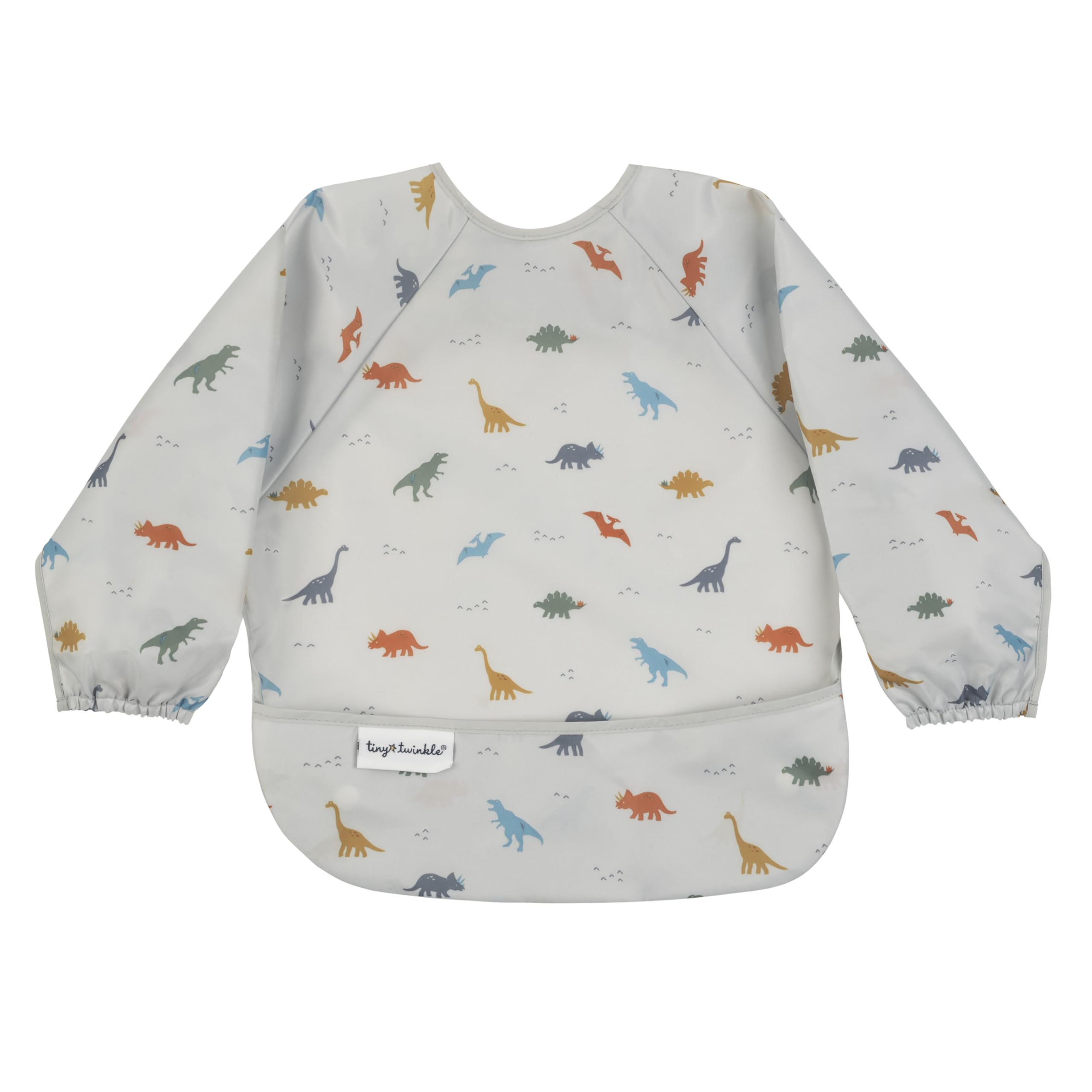Tiny Twinkle long-sleeve bib with dinosaur print protects outfits during mealtime mess