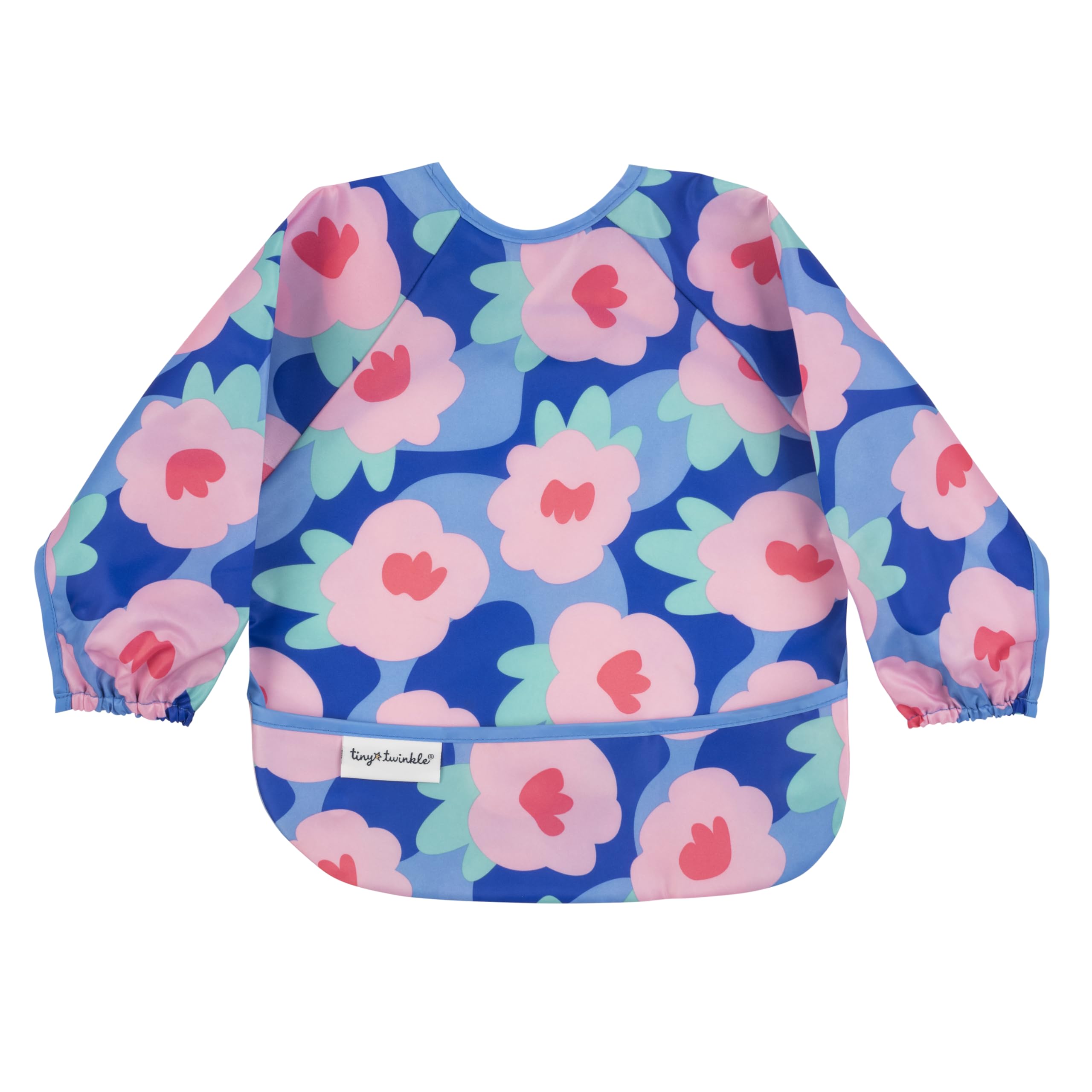 Tiny Twinkle long sleeve bib with floral blue wear keeps messes contained during meals