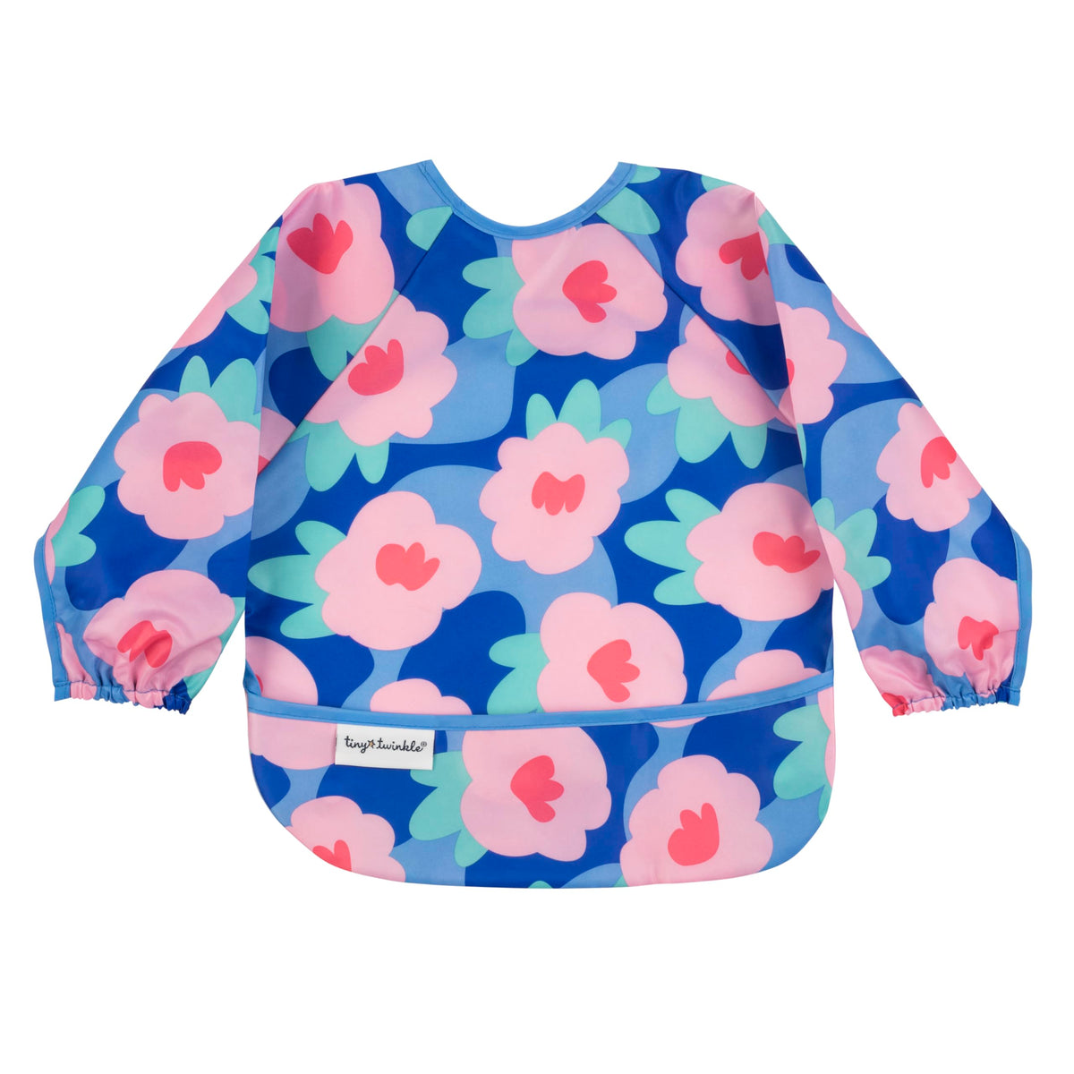 Tiny Twinkle long sleeve bib with floral blue wear keeps messes contained during meals