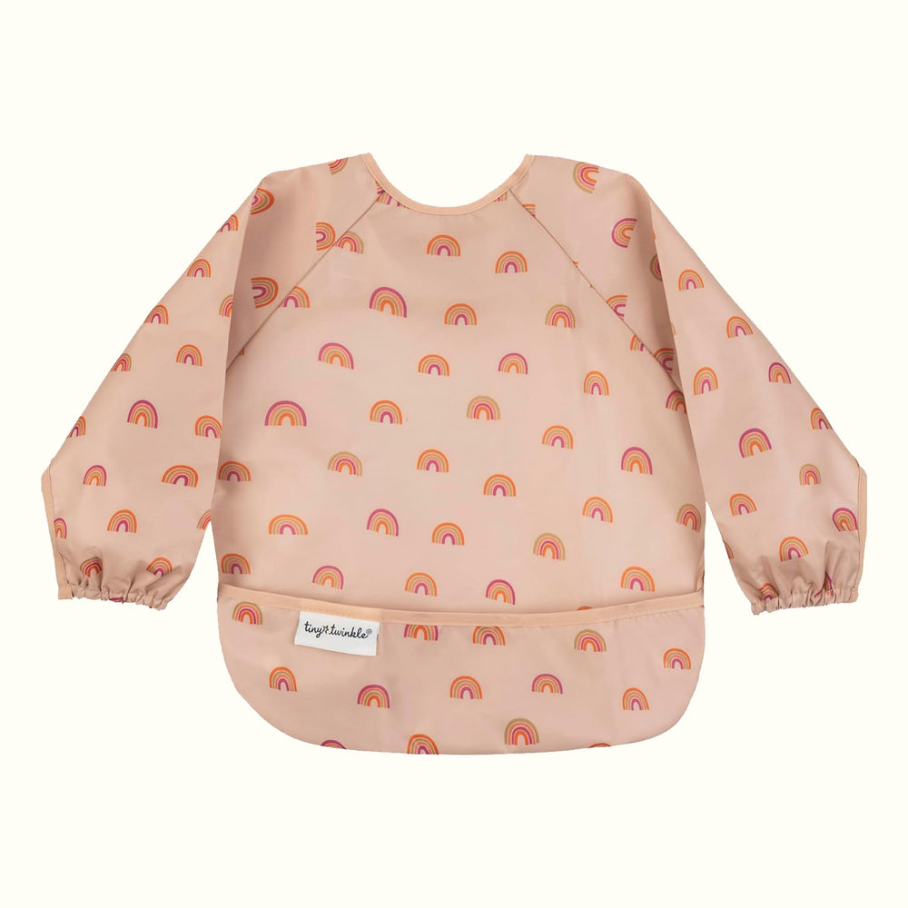 Tiny Twinkle long-sleeve bib folded flat showing mess-proof design for quick cleanup.