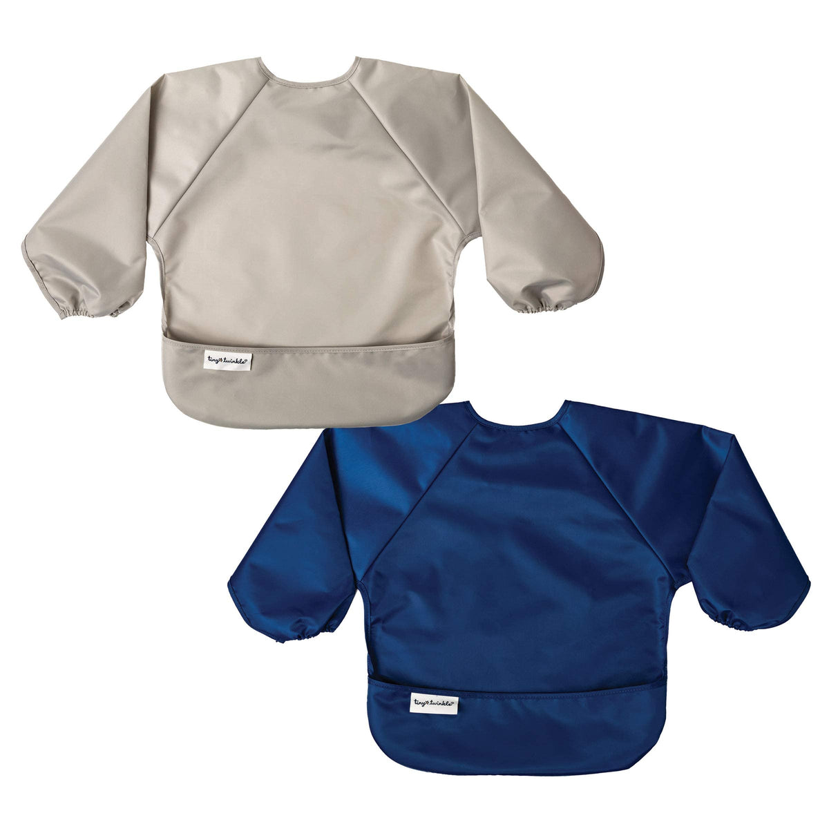 Tiny Twinkle long sleeve bib grey-indigo setup shows full-body protection during meals.
